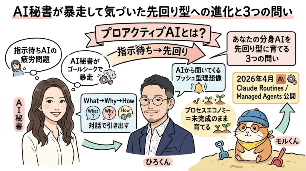 プロアクティブAIとは？AI秘書が暴走して気づいた先回り型への進化と3つの問い（全体図解）