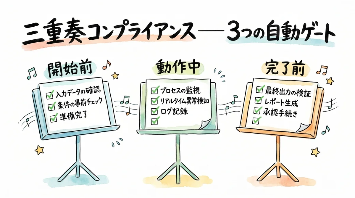 三重奏コンプライアンス——3つの自動ゲート