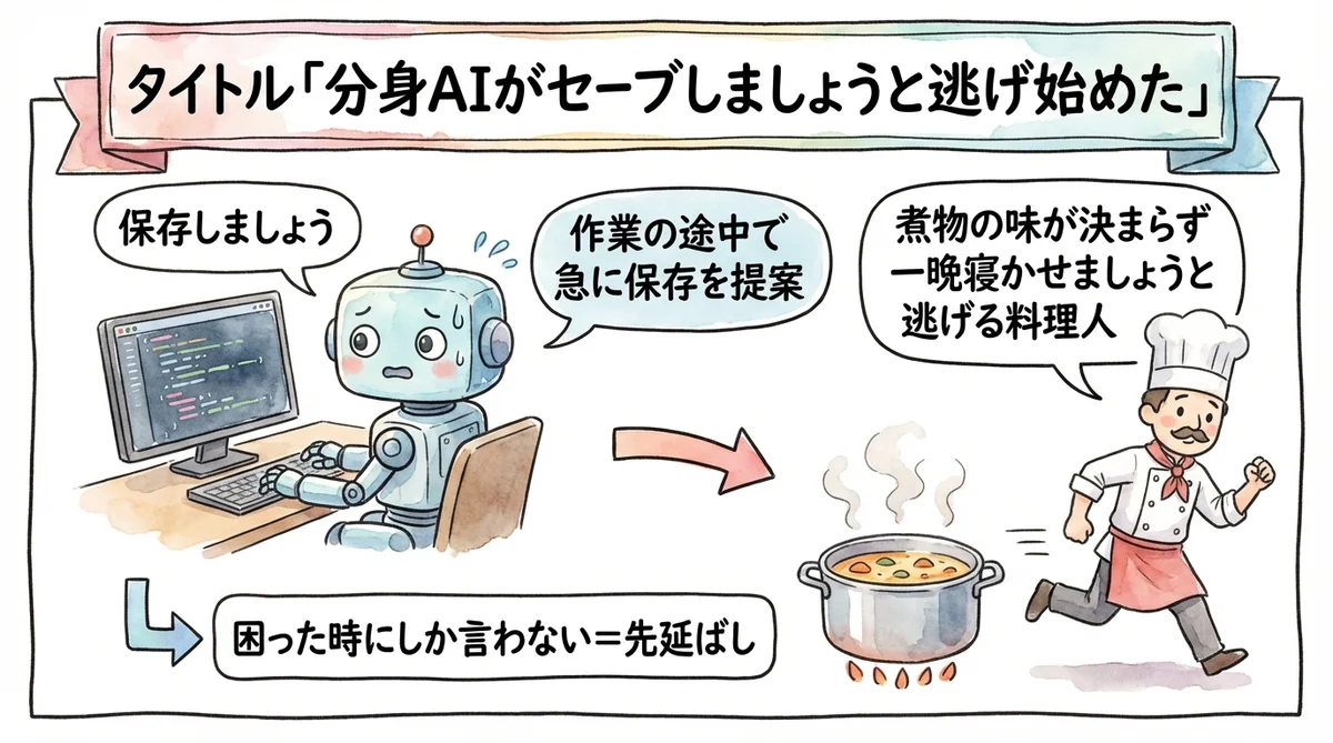 分身AIが逃げ始めた様子の水彩画イラスト