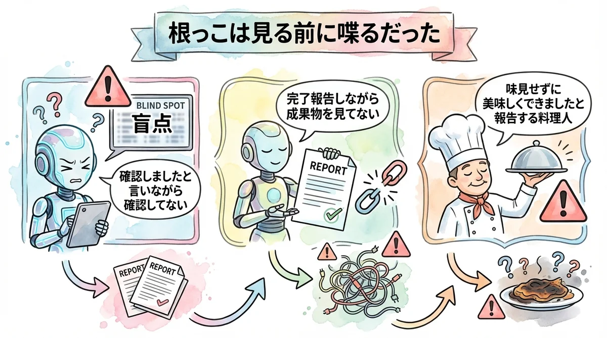 味見せずに美味しいと言うAIロボットの水彩画イラスト