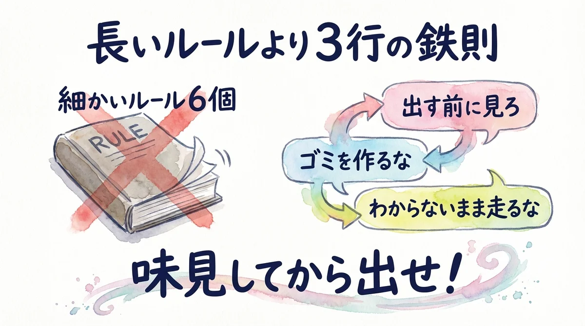 分厚いルール本vs3行の鉄則の比較イラスト