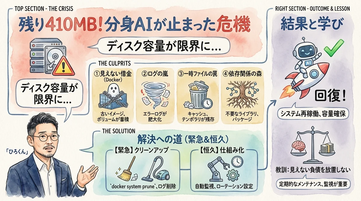 分身AI運用で残り410MB--見えない負債が止めたシステムの話|分身AI日記 DAY37 day37 eyecatch