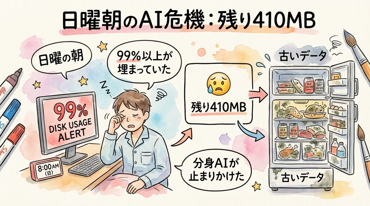 分身AI運用で残り410MB--見えない負債が止めたシステムの話|分身AI日記 DAY37 ディスク残り410MBの危機を示す水彩画イラスト