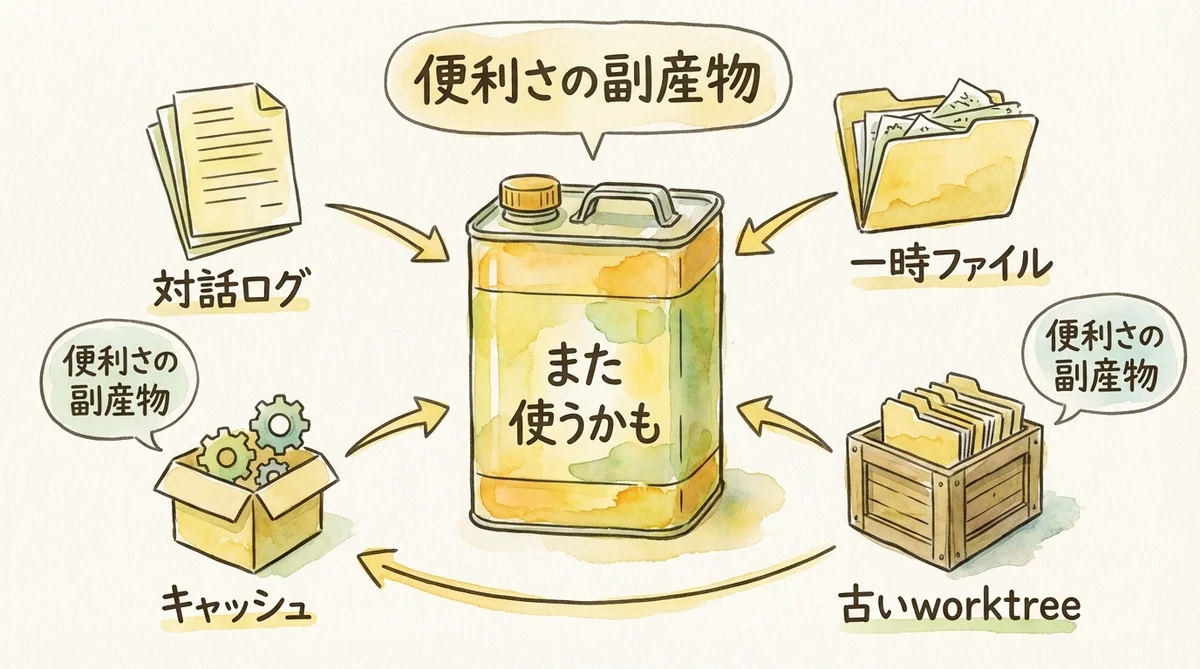 分身AI運用で残り410MB--見えない負債が止めたシステムの話|分身AI日記 DAY37 便利さの副産物が溜まる様子の水彩画イラスト