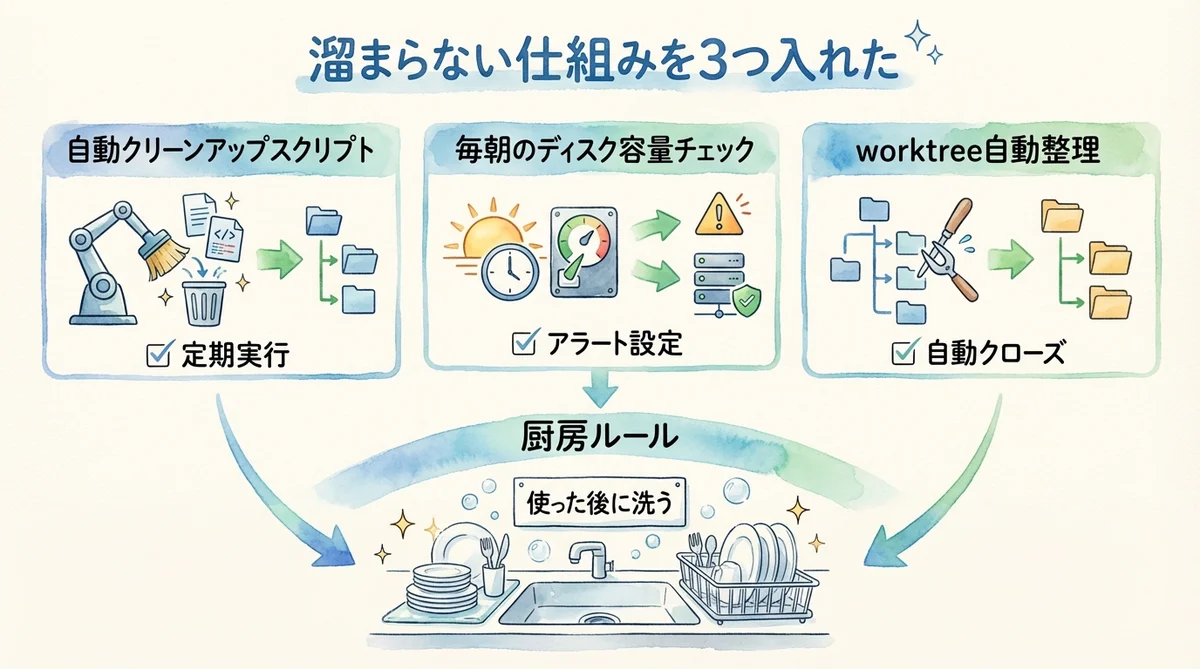 分身AI運用で残り410MB--見えない負債が止めたシステムの話|分身AI日記 DAY37 3つの自動化仕組みの図解