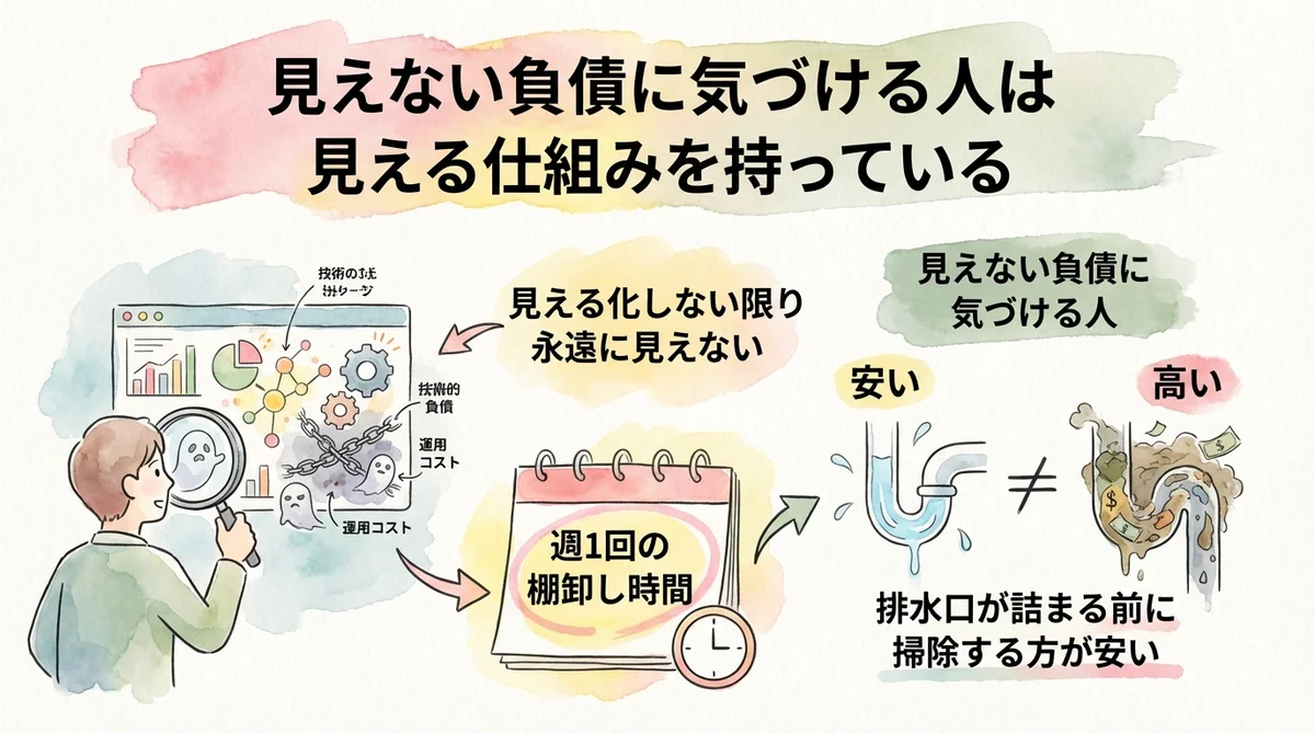 分身AI運用で残り410MB--見えない負債が止めたシステムの話|分身AI日記 DAY37 見える仕組みを持つ人の図解