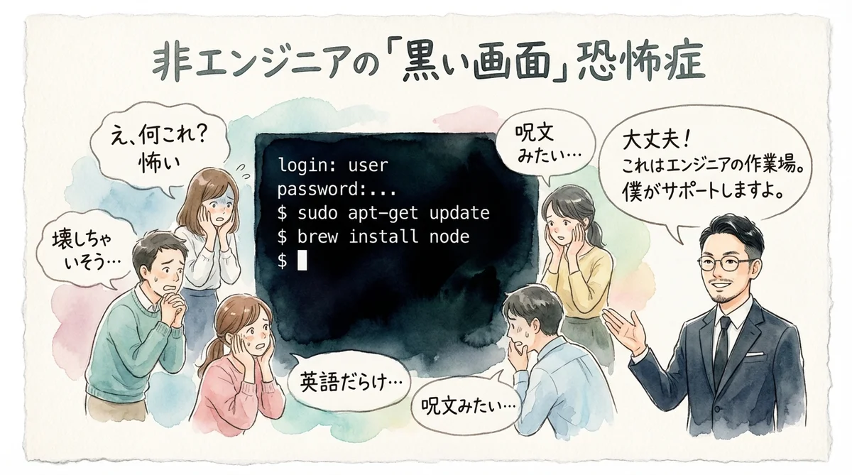 黒い画面のターミナルを見て困惑する人たちの水彩イラスト