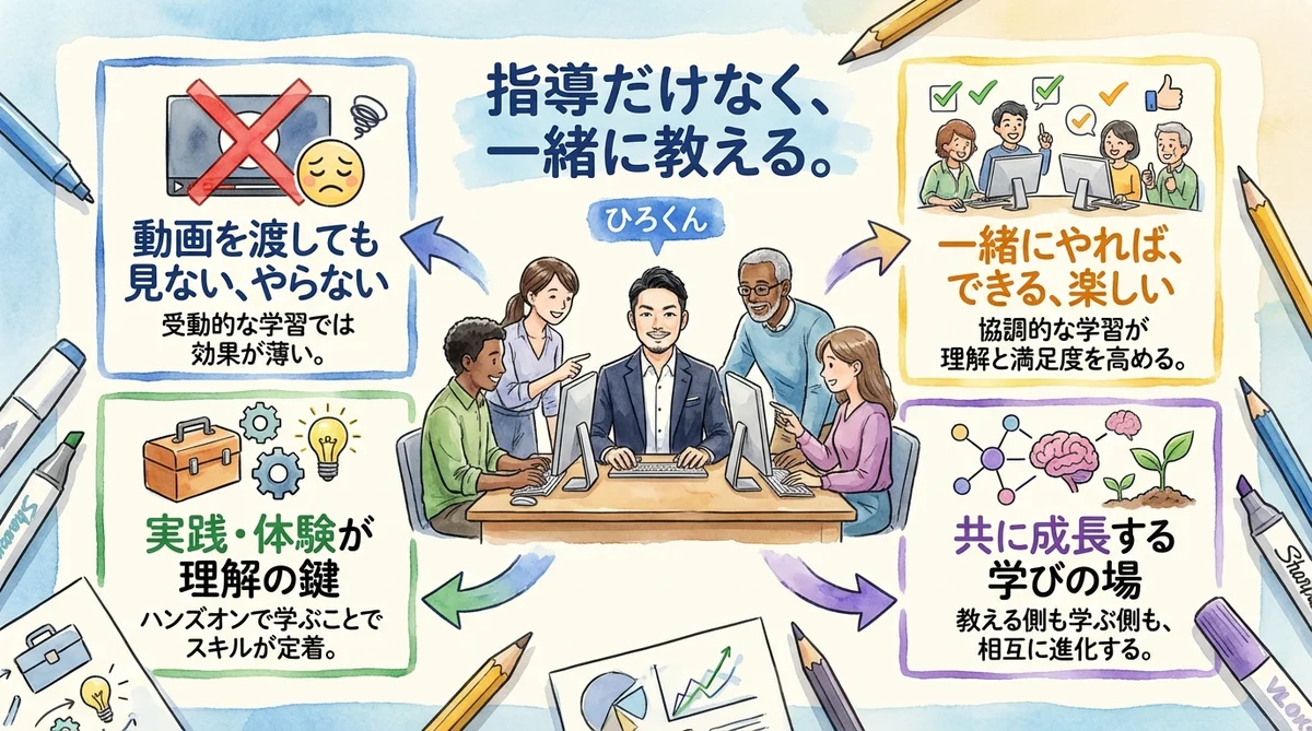 オンラインワークショップで一緒に作業する参加者の水彩イラスト