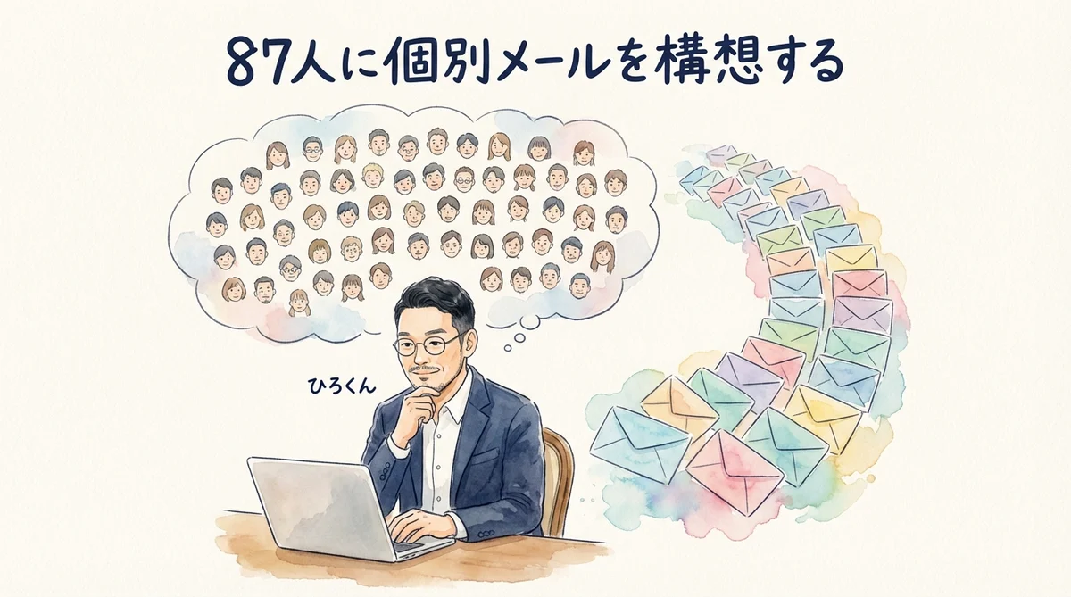 AIパーソナライズメールを87人分作ったら分身AIがAI秘書に圧勝した|分身AI日記 DAY39 87人に個別メールを書く構想を示す水彩画イラスト