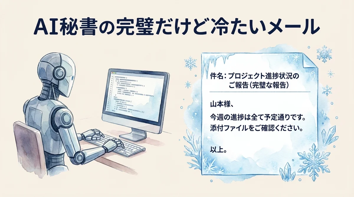 AIパーソナライズメールを87人分作ったら分身AIがAI秘書に圧勝した|分身AI日記 DAY39 AI秘書が書いた完璧だけど冷たいメールを示す水彩画イラスト