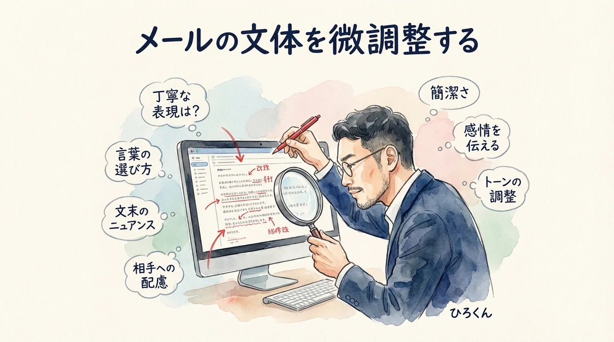 AIパーソナライズメールを87人分作ったら分身AIがAI秘書に圧勝した|分身AI日記 DAY39 メールの文体を調整する様子を示す水彩画イラスト