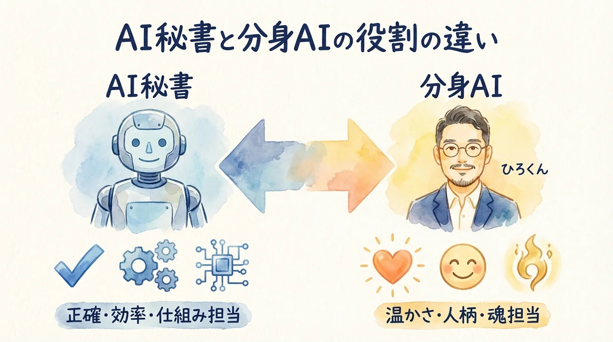 AIパーソナライズメールを87人分作ったら分身AIがAI秘書に圧勝した|分身AI日記 DAY39 AI秘書と分身AIの役割の違いを示す水彩画イラスト