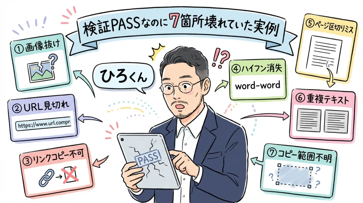 AIが作ったマニュアル、7箇所壊れてた——「完成です!」を信じた私の失敗 検証PASSなのに7箇所壊れていた — データOK≠体験OK