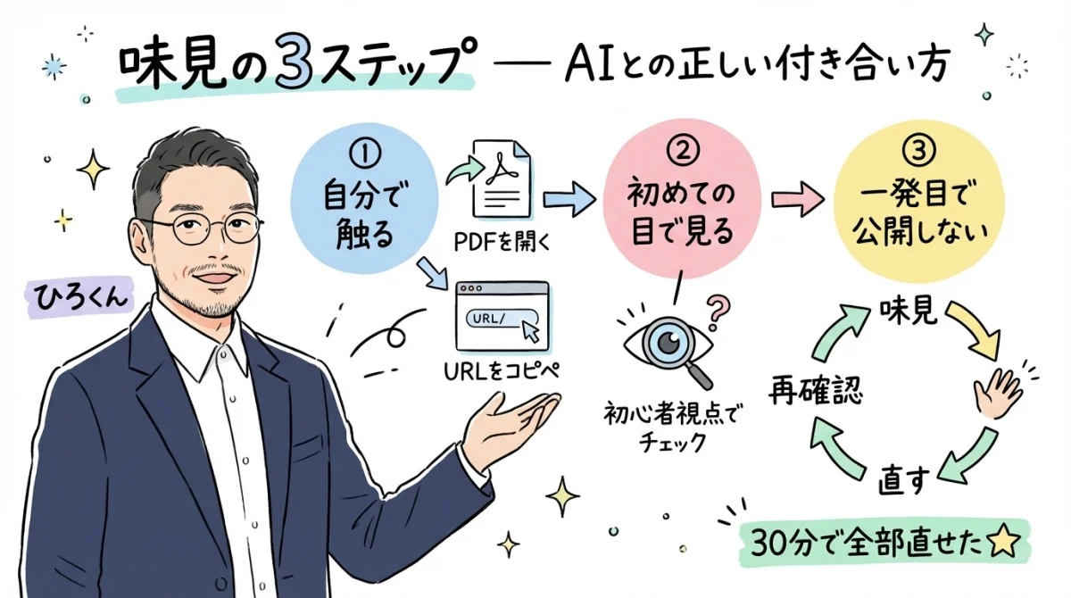AIが作ったマニュアル、7箇所壊れてた——「完成です!」を信じた私の失敗 AIとの協働3ステップ:自分で触る→初めての目で見る→一発目で公開しない