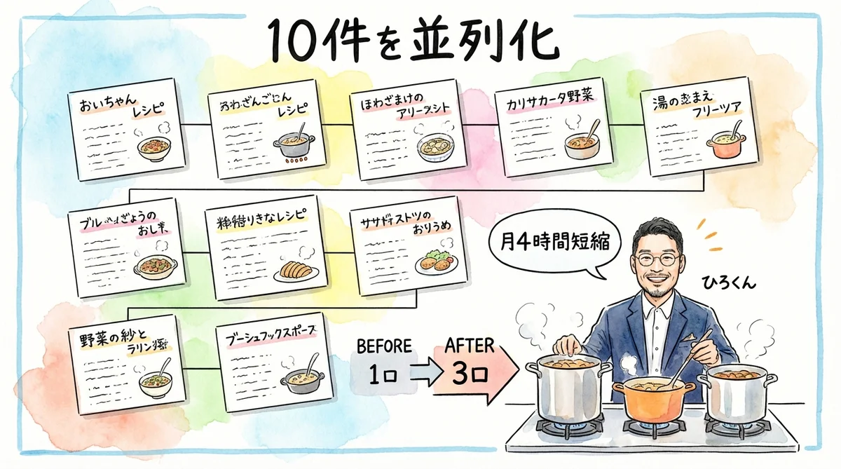 10件のレシピを3口コンロで並列化する図