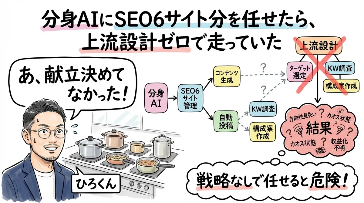 分身AIのSEO失敗談——上流設計ゼロで6サイト走った末路|分身AI日記 DAY47 eyecatch compressed