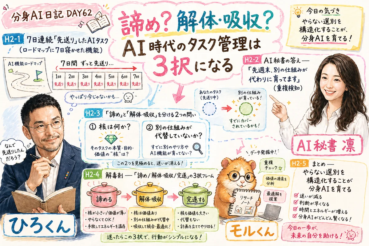 先送り7日のAIタスク、諦めじゃなく解体・吸収だった朝｜分身AI日記 DAY62 全体図