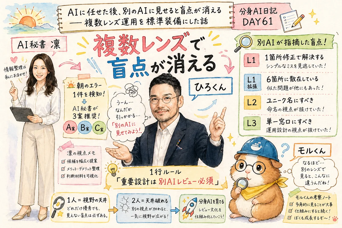 AIに任せた後、別のAIに見せると盲点が消える——複数レンズ運用を標準装備にした話 全体図