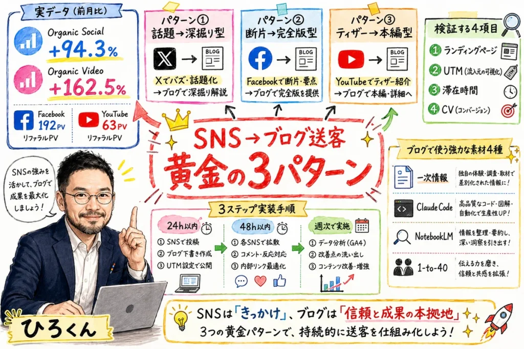 SNSからブログへ送客する黄金の3パターン全体図解（顎髭強化版）