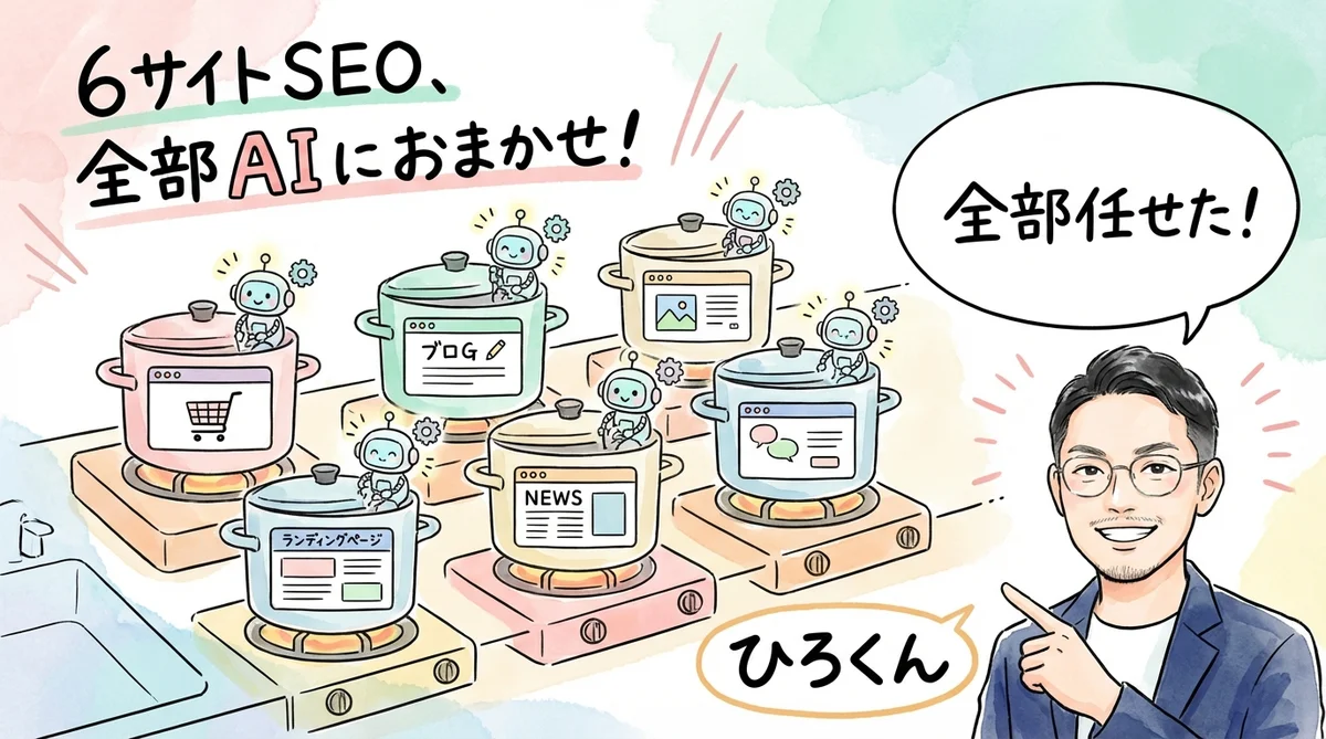 分身AIのSEO失敗談——上流設計ゼロで6サイト走った末路|分身AI日記 DAY47 6サイトのSEO対策をAIに任せるイメージ図解
