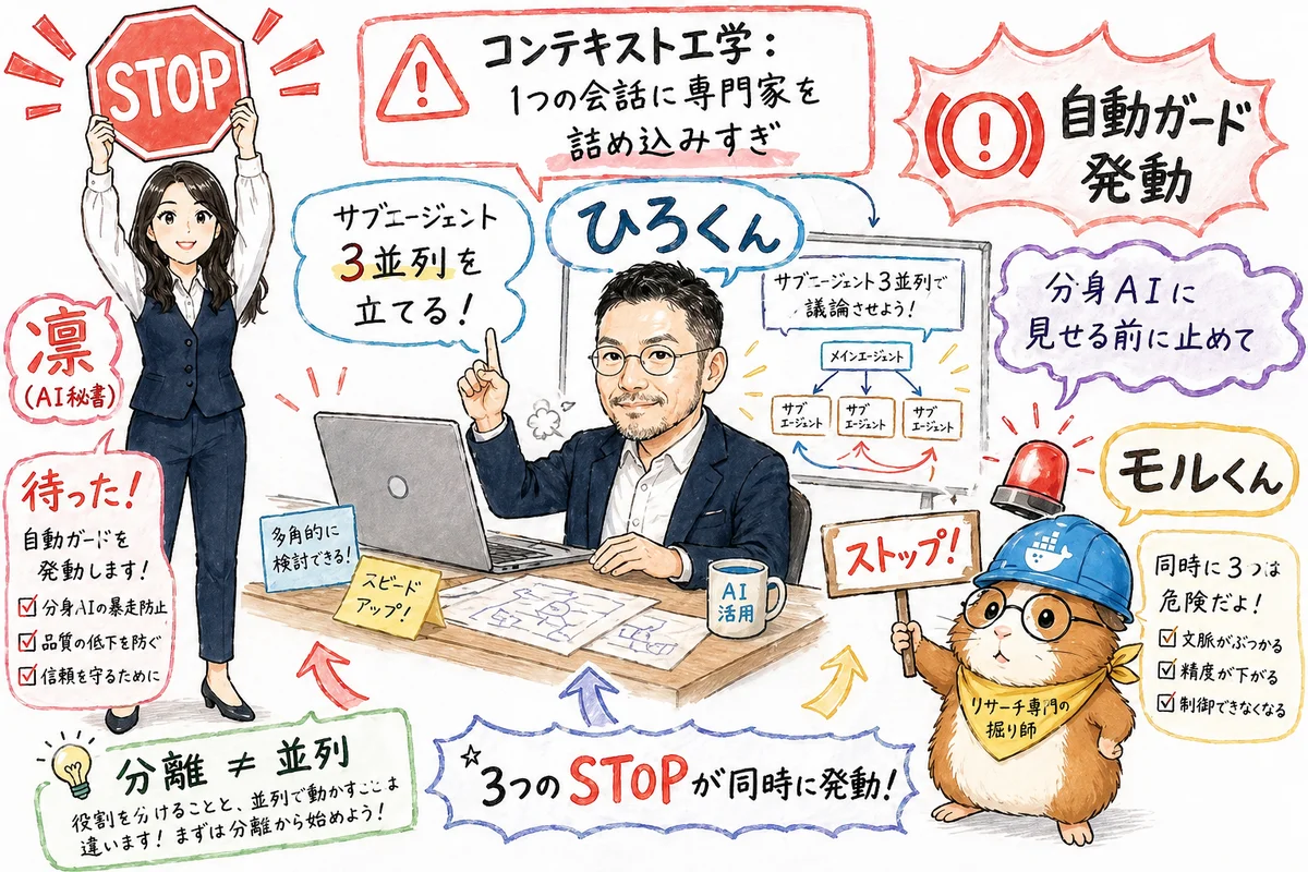 AI秘書の暴走——3並列を立てようとした瞬間に自動ガードが入った（凛・モルくん・分身AIの自動ガード発動）