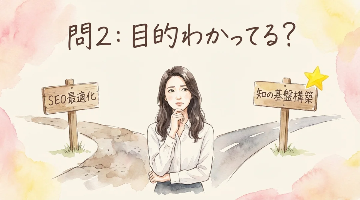 SEOと知の基盤の分岐点で迷うAI秘書の水彩イラスト