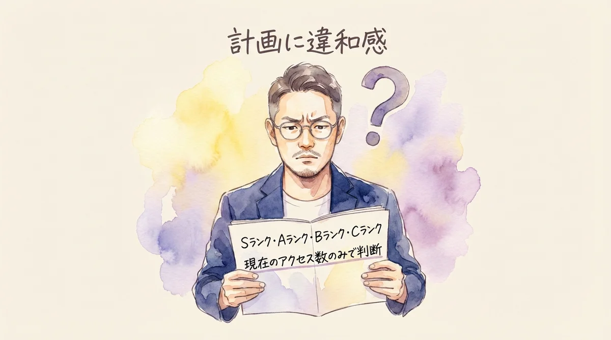 計画書を見て違和感を感じるひろくんの水彩イラスト