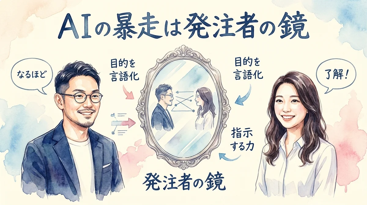 発注者とAIが鏡を挟んで向き合う水彩イラスト