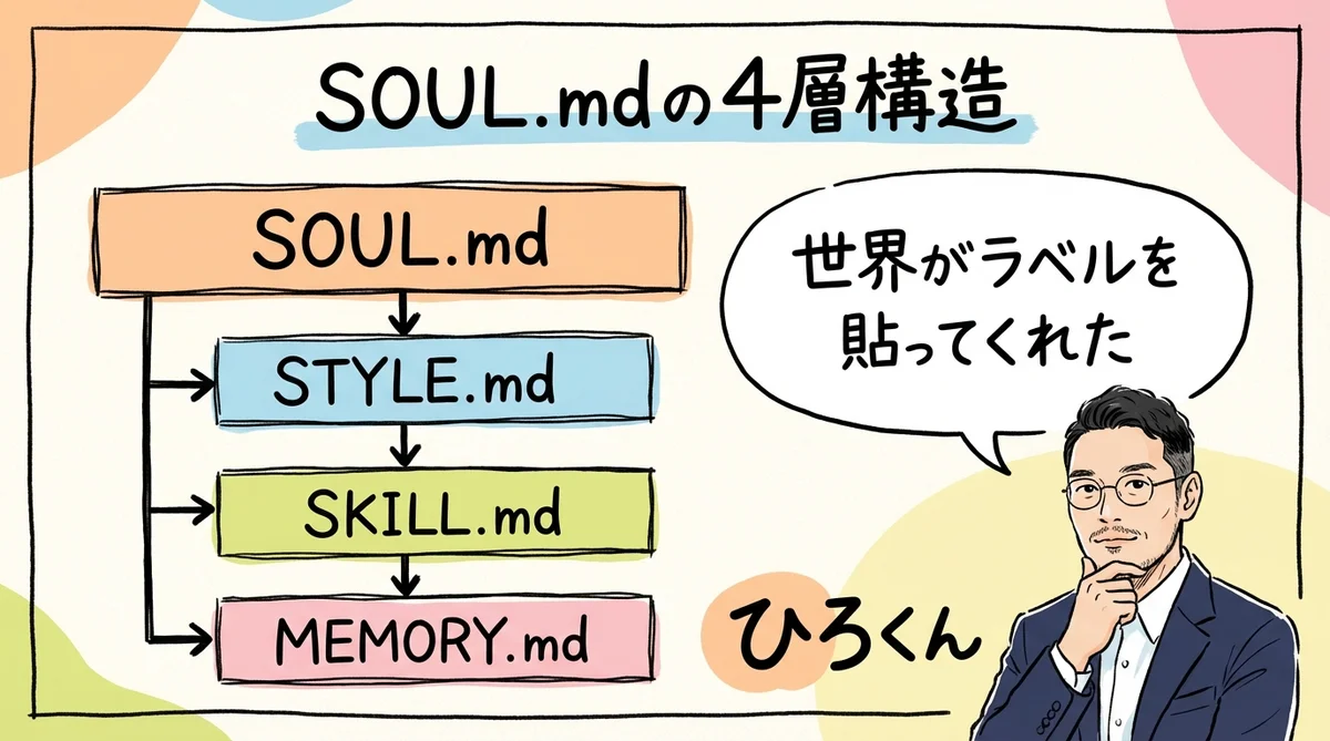 SOUL.mdで気づいた"もう半分"——AI人格にクローンだけでは足りなかった話|分身AI日記DAY42 SOUL.mdの4層構造——世界がやっと追いついてきた