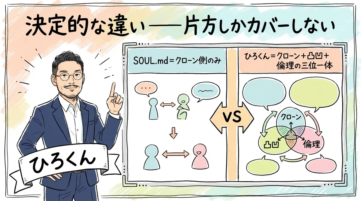SOUL.mdで気づいた"もう半分"——AI人格にクローンだけでは足りなかった話|分身AI日記DAY42 たった1つの決定的な違い——SOUL.mdは「片方」しかカバーしない