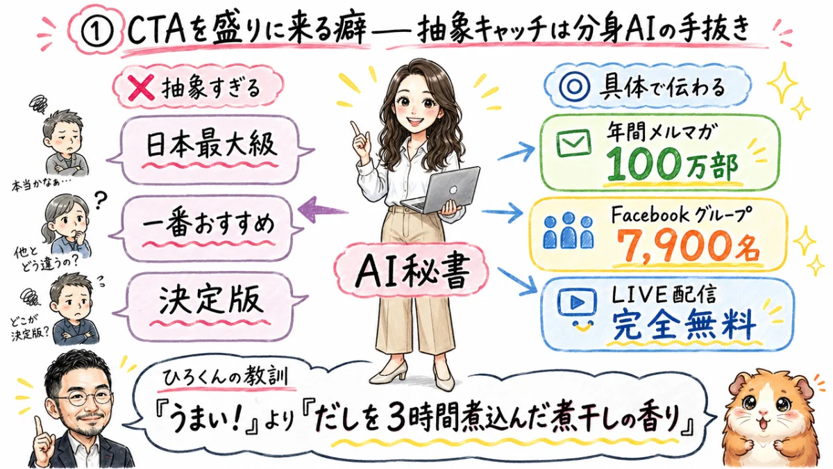 ① CTAを盛りに来る癖——抽象キャッチは分身AIの手抜き