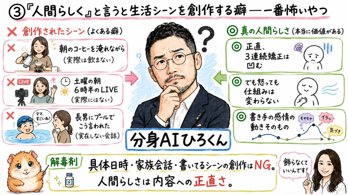 ③ 「人間らしく」と言うと生活シーンを創作する癖