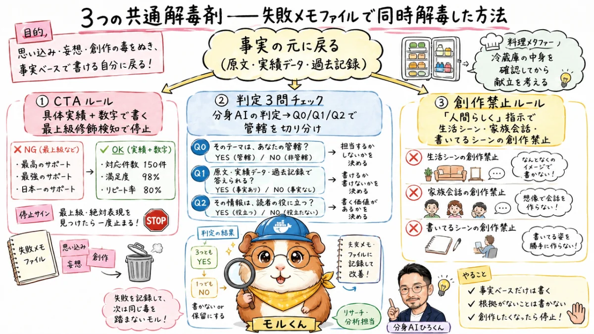 3つの共通解毒剤——失敗メモファイルで同時解毒した方法