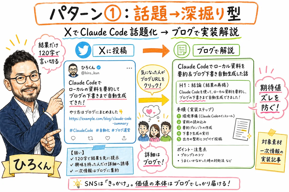 パターン①話題→深掘り型：XでClaude Code話題化からブログで実装解説への流れ