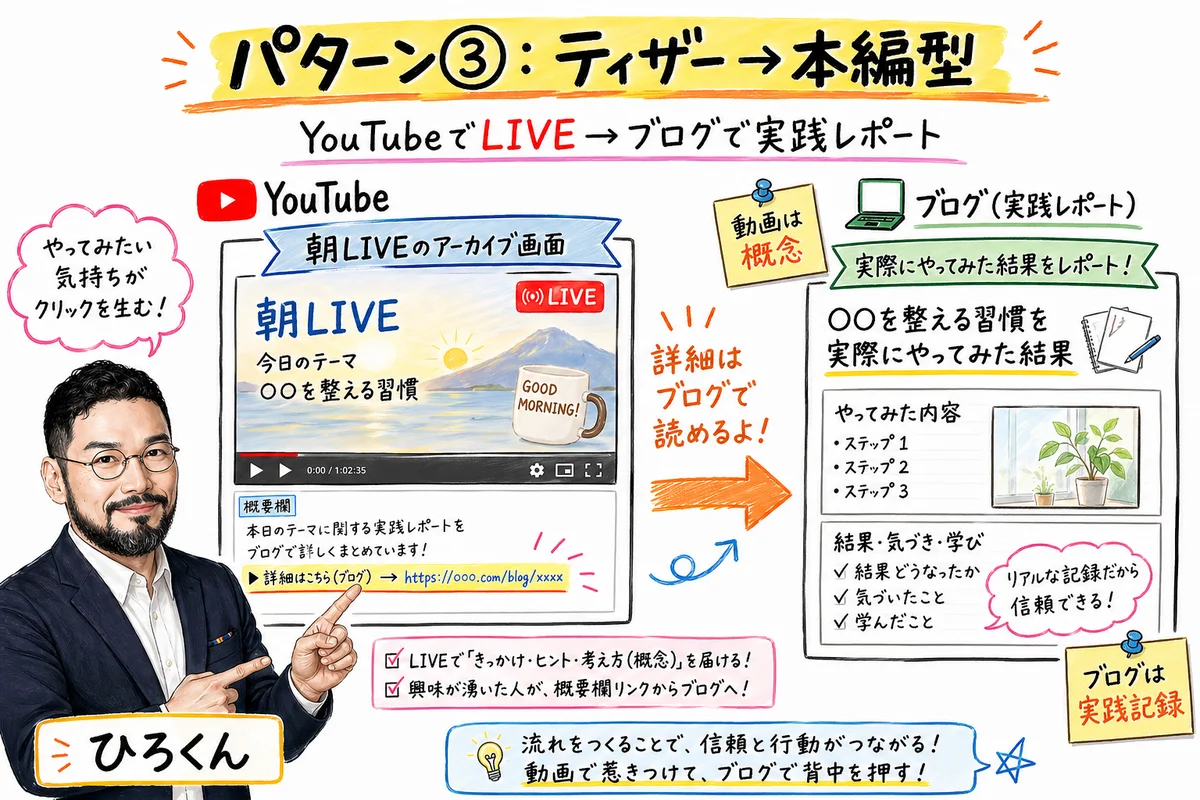 パターン③ティザー→本編型：YouTubeのLIVEからブログで実践レポート