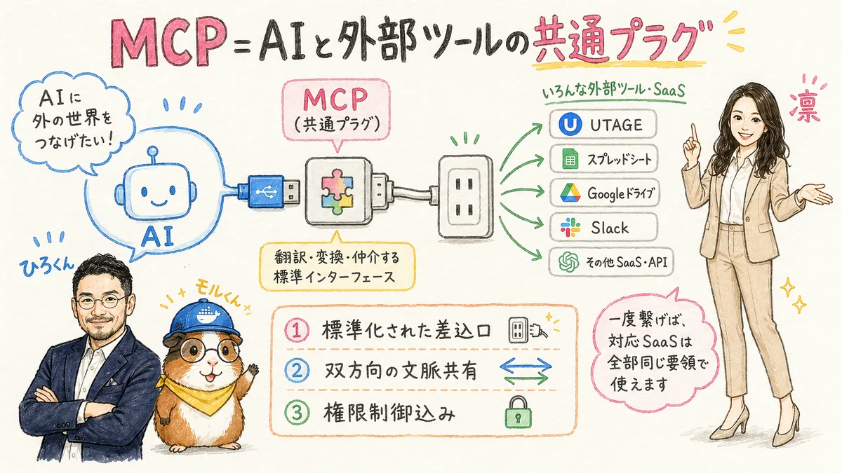 MCPとは？AIと外部ツールをつなぐ「共通プラグ」 の図解
