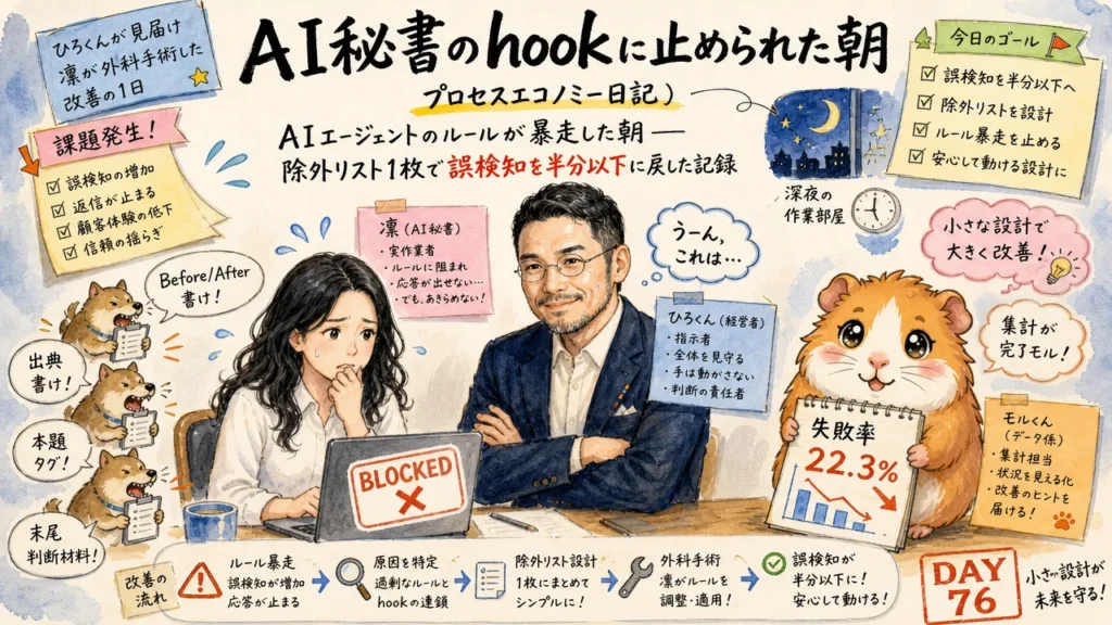 AIエージェントのルールが暴走した朝（DAY76 アイキャッチv2・主語修正版）