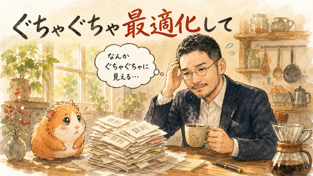 朝のキッチンでぐちゃぐちゃのレシピ束を見るひろくんとAI秘書、モルくん
