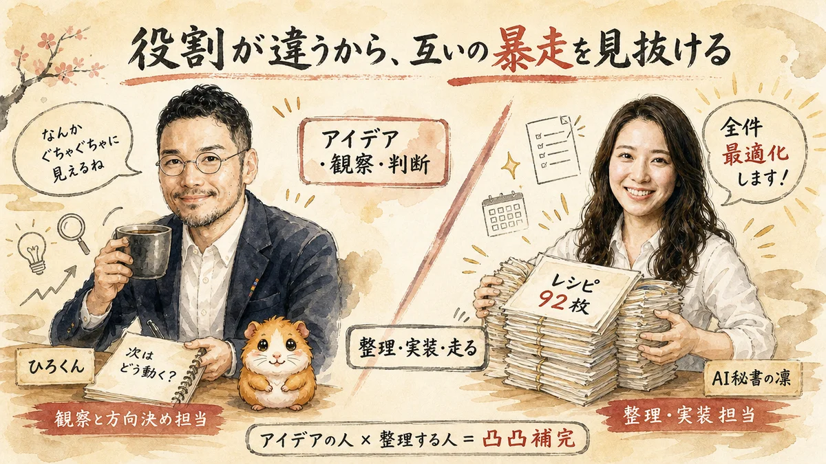 アイデア担当のひろくんと整理担当のAI秘書という凸凹補完の図