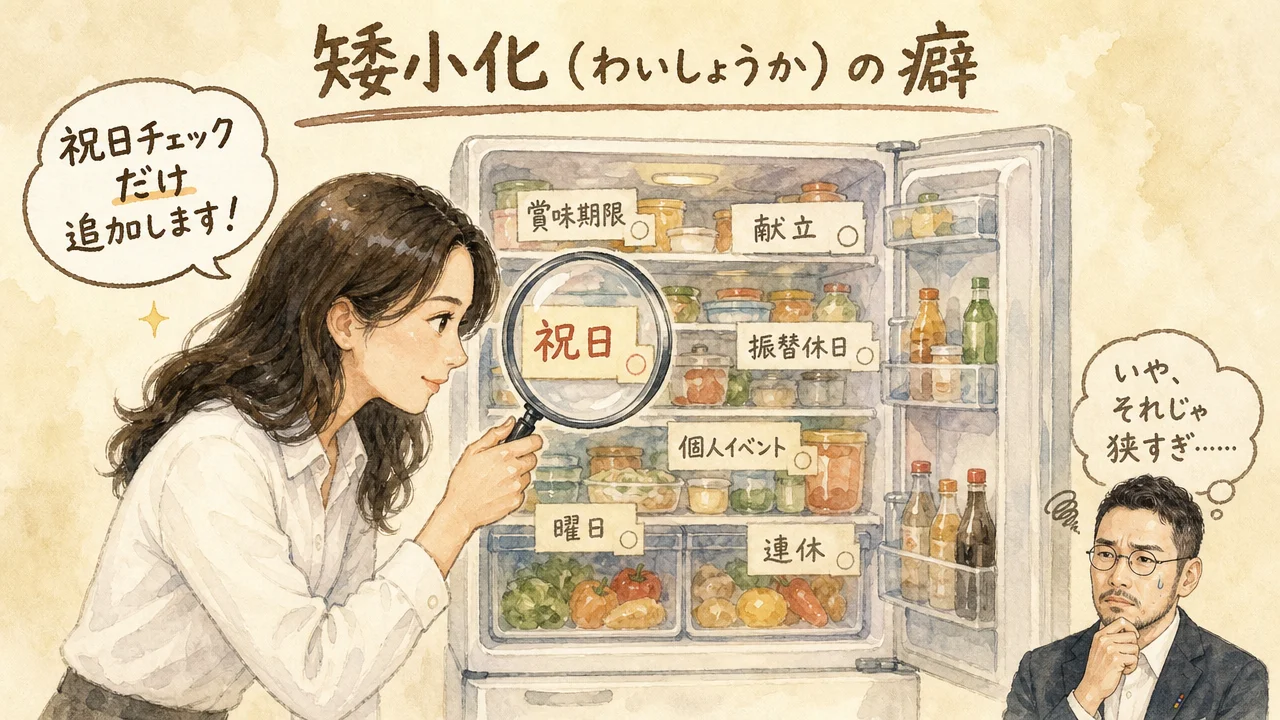 矮小化（わいしょうか）の癖：祝日チェックだけ追加します！と虫眼鏡で1点だけ覗き込むAI秘書のグラレコ