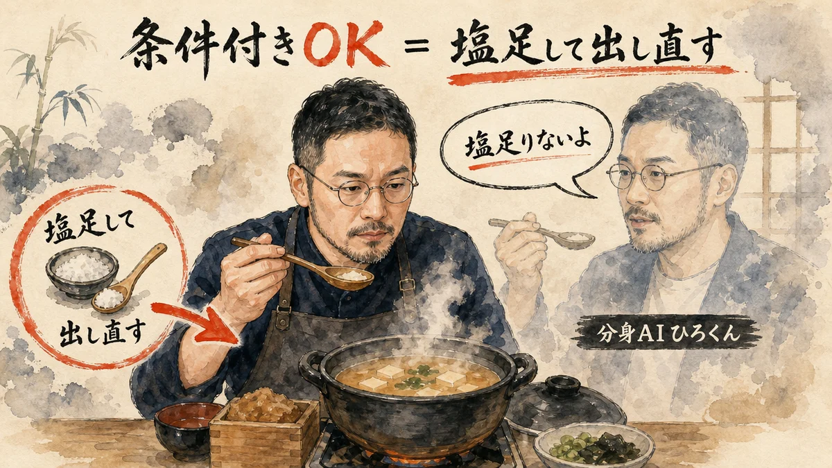 条件付きOKを「塩足して出し直す」料理メタファーで描いた図