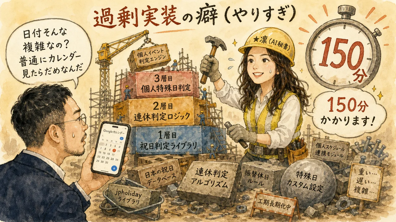 過剰実装の癖（やりすぎ）：150分かけて3層構造の重い仕組みを建設しているAI秘書のグラレコ