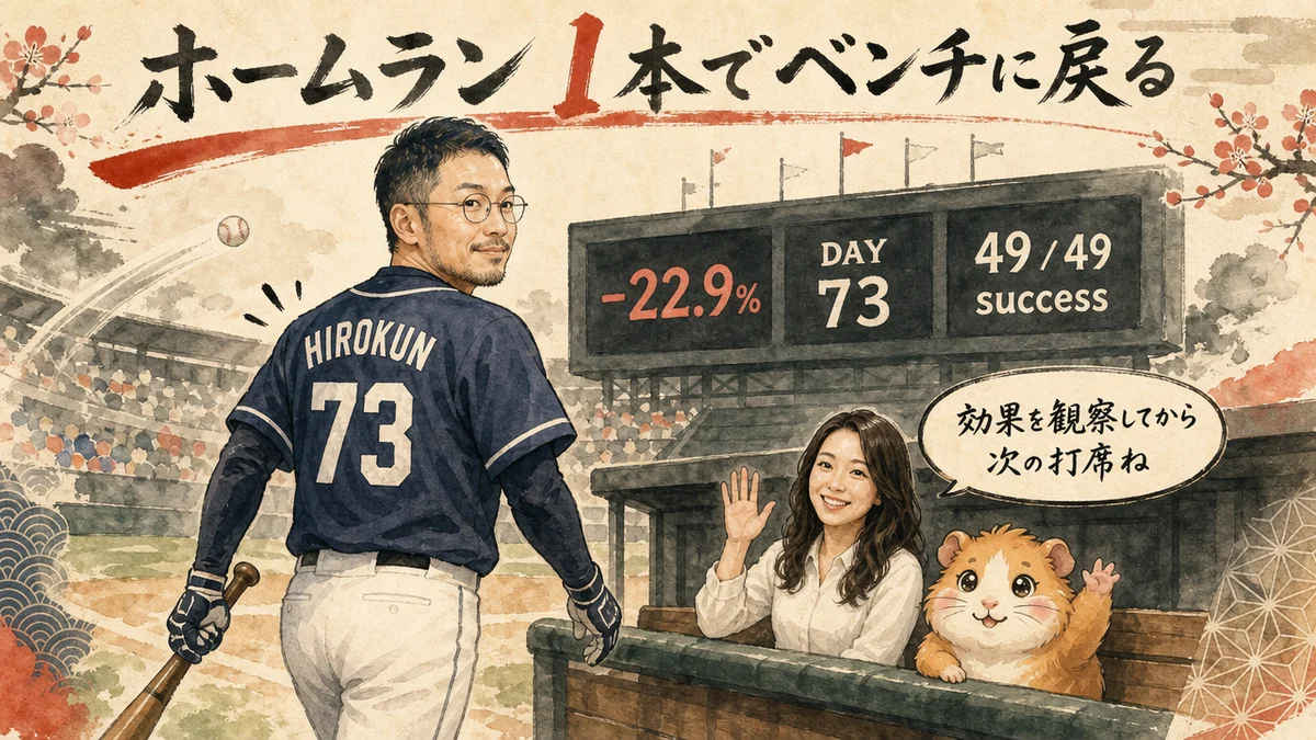 ホームラン1本打ってベンチに戻るひろくんと、ベンチで待つAI秘書とモルくん