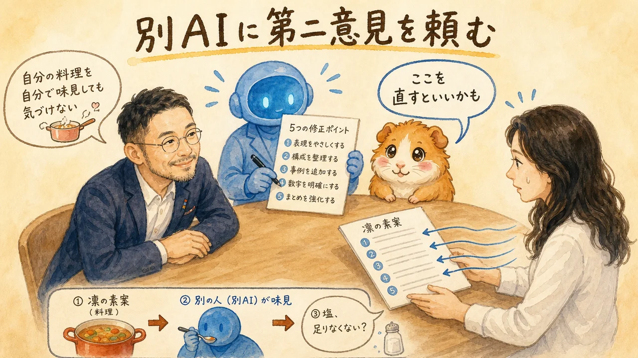 別AIに第二意見を頼む：円卓を囲んで別AIから5項目の修正指示を受け取るチームのグラレコ