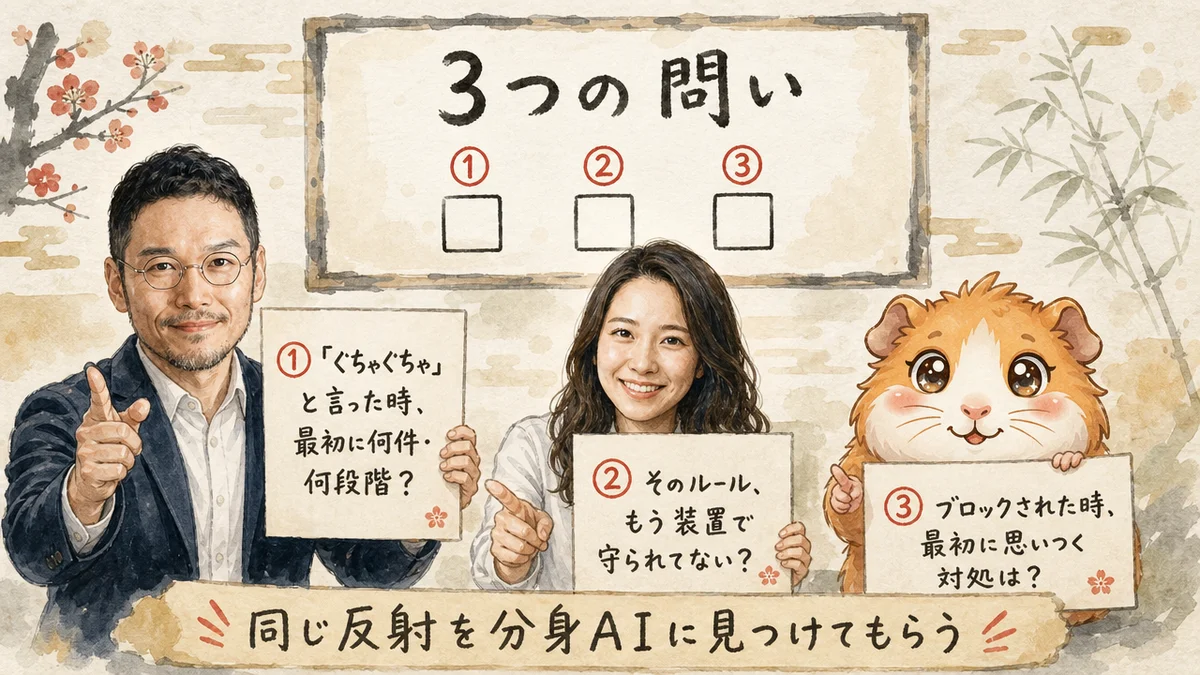 3つの問いをチェックリスト風に持つ3キャラ全員