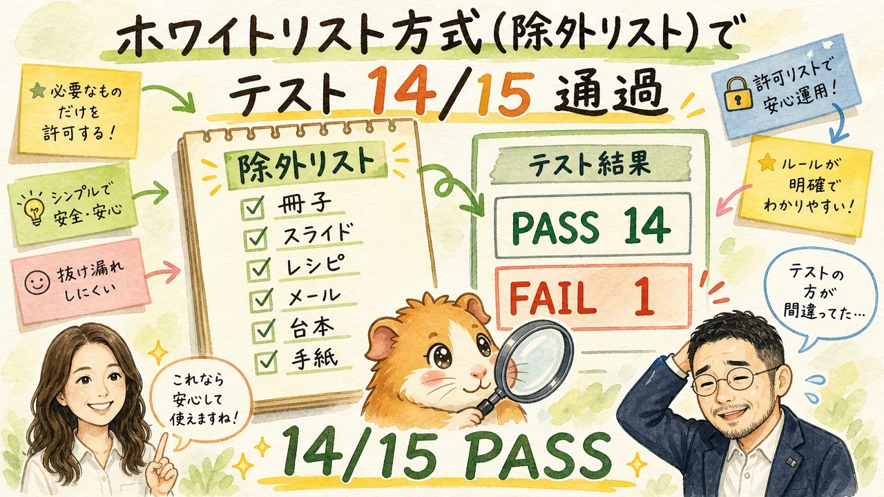ホワイトリスト方式でテスト14/15通過（DAY76 H2-4）