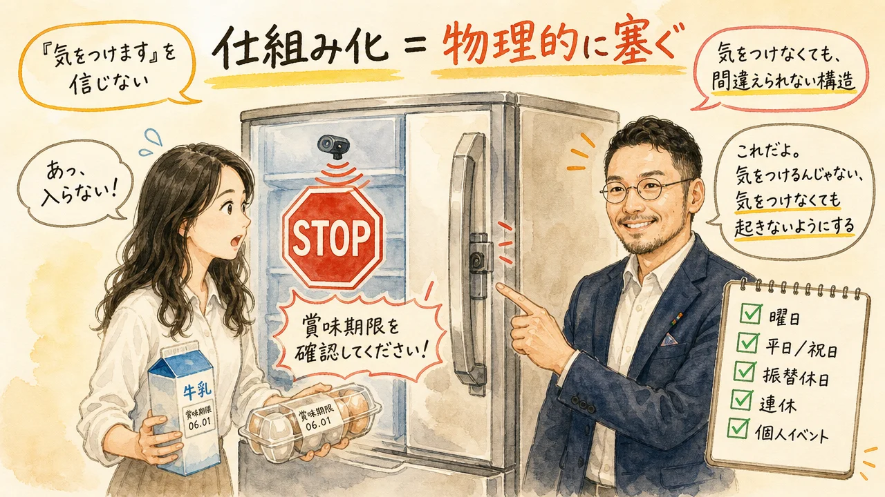 仕組み化＝物理的に塞ぐ：賞味期限切れを入れようとするとSTOPで閉まらない冷蔵庫のグラレコ