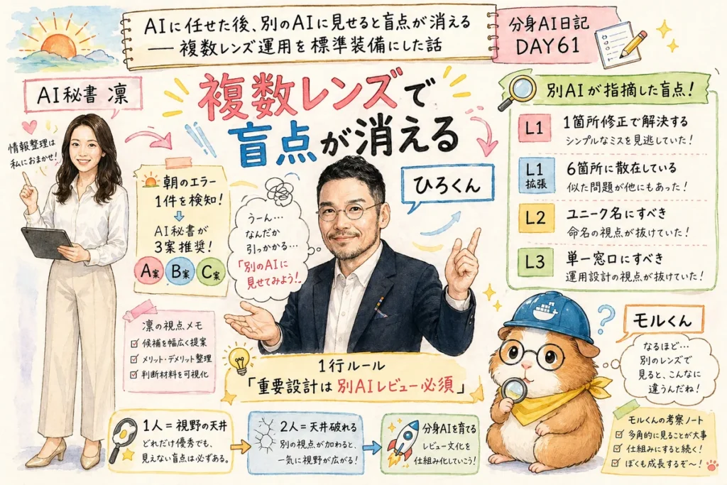 AIに任せた後、別のAIに見せると盲点が消える——複数レンズ運用を標準装備にした話|分身AI日記 DAY61 8092 eyecatch orig restored
