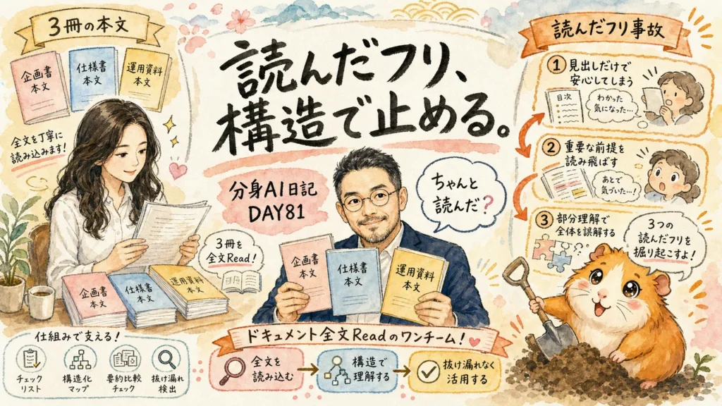 AI秘書がドキュメントを全文読まずに方針提案した事故を、ひろくん・凛・モルくんの3キャラが『読んだフリ、構造で止める』というスローガンで仕組み化する水彩画グラレコ