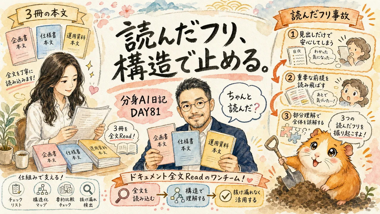 AI秘書がドキュメントを全文読まずに方針提案した事故を、ひろくん・凛・モルくんの3キャラが『読んだフリ、構造で止める』というスローガンで仕組み化する水彩画グラレコ